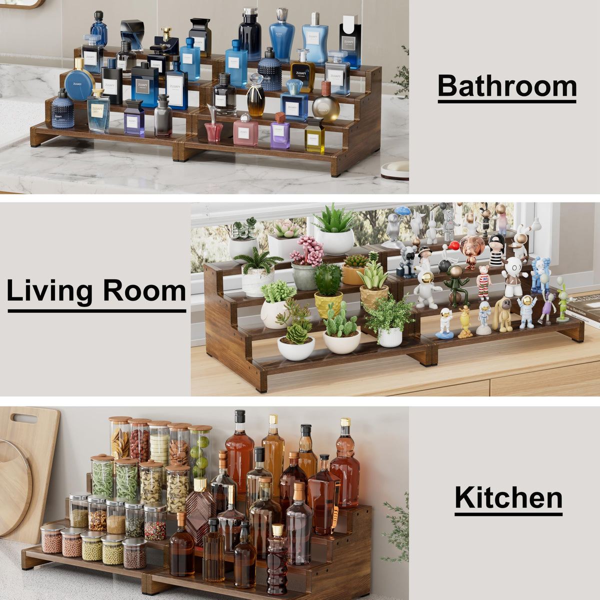 ZUJJAFY Cologne Organizer for Men, 4 Tier Wooden Cologne Stand Mens Fragrance Shelf, Tiered Wood Risers Display Stands for Perfume, Cupcake, Figures, Dessert, Brown