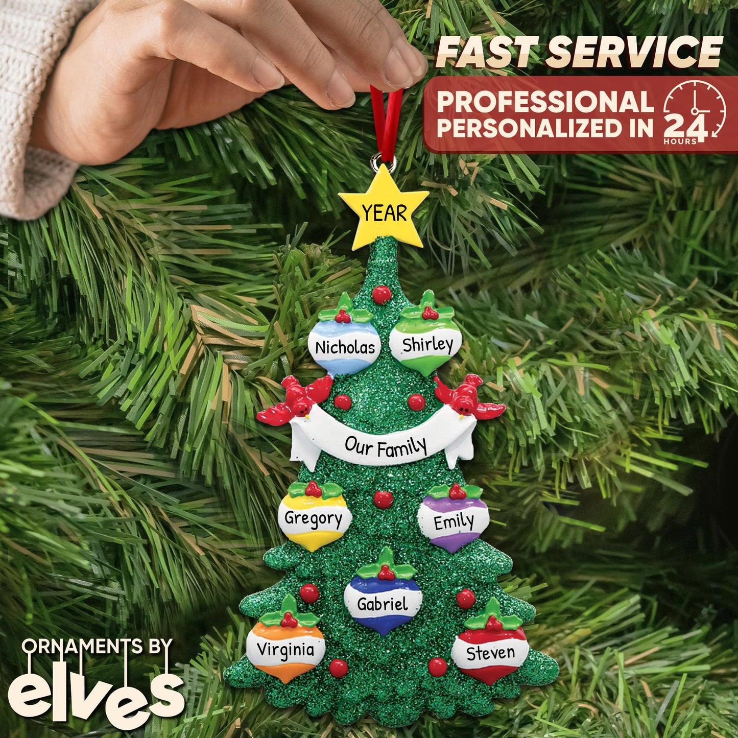 3D Baubles Family of 7 Christmas Ornament 2025 Personalized Family Christmas Ornaments 2025 | Red Cardinals in Green Personalized Tree Ornaments Customizable Gifts Xmas Balls of Seven Ornament Star