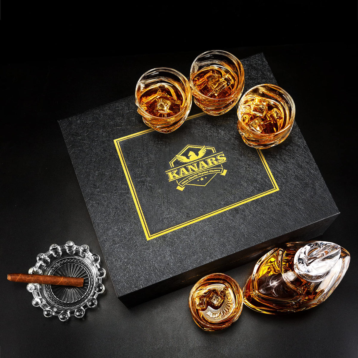 KANARS Whiskey Decanter Set - 25 Oz Crystal Liquor Decanter Carafe with 4 Rock Glasses 9 Oz For Bourbon, Scotch, Vodka, Rum or Whisky - Gift for Men Dad Husband Brother Adult Groomsmen - 5 Piece