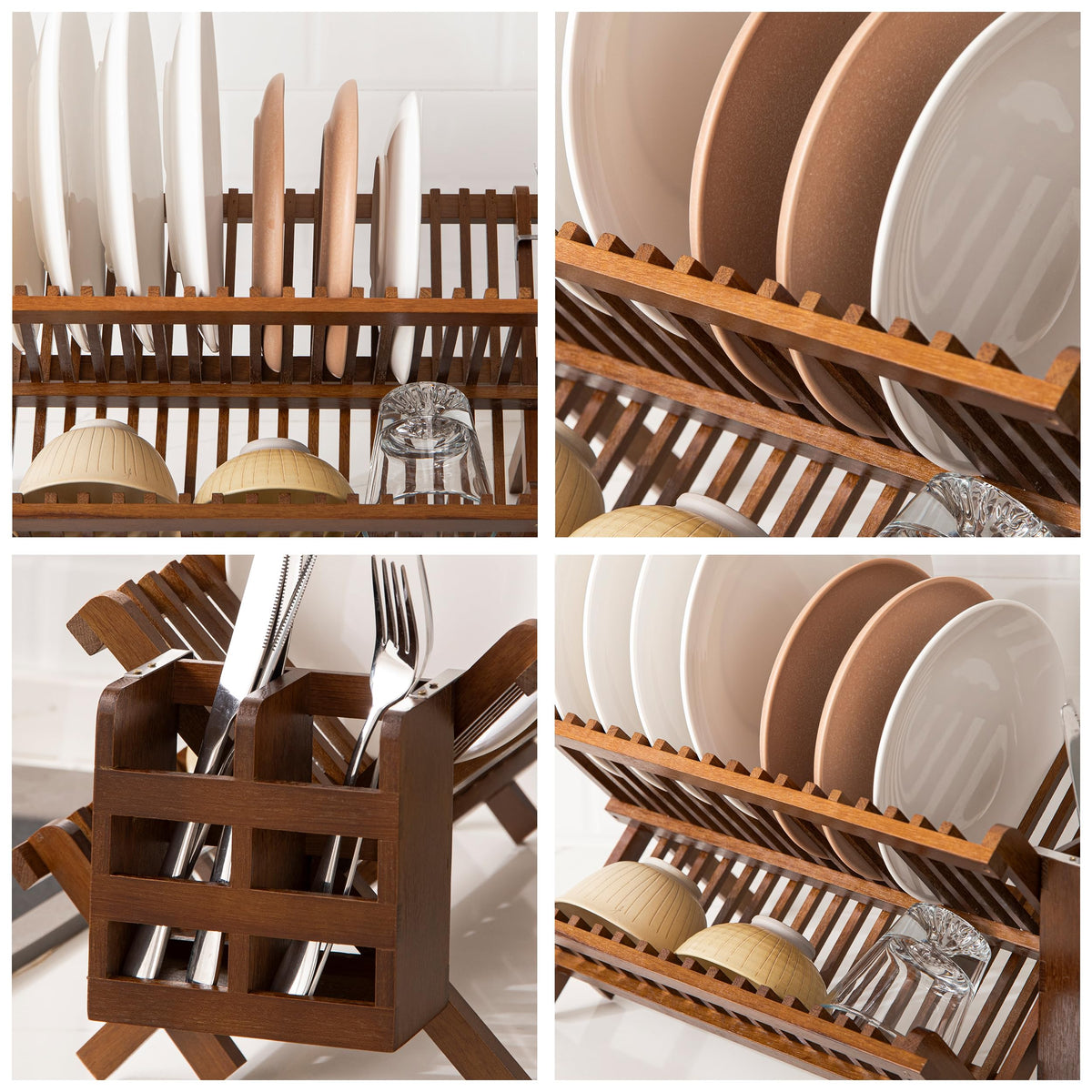 HBlife Dish Rack,Teak Folding 2-Tier Collapsible Drainer Dish Drying Rack with Utensils Flatware Holder Set (Dish Rack with Utensil Holder)
