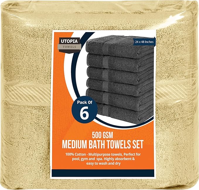 Utopia Towels 6 Pack Medium Bath Towel Set, 24 by 48 Inches, 500 GSM 100% Ring