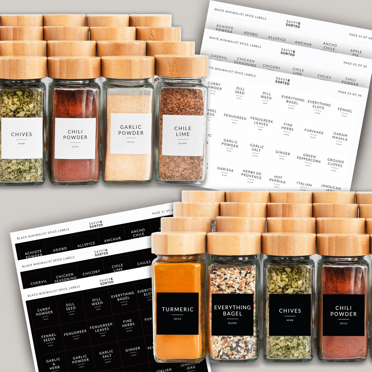 SAVVY & SORTED Glass Spice Jars with Label, 24PK Bamboo Jar Spices Set 4oz, 374 Spice Labels, Pepper Grinder, Empty Herb Seasoning Containers, Funnel and Shaker Lids