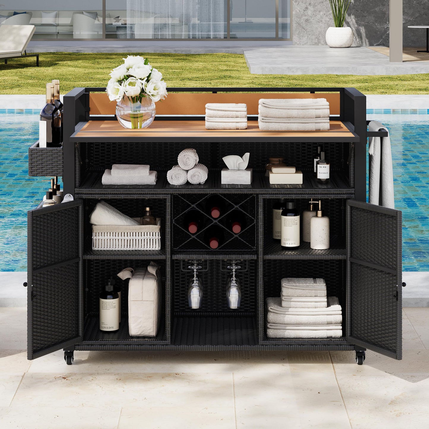 Trygoal Outdoor Grill Cart BBQ Prep Station, Double Tabletop Rolling Wicker Kitchen Island with 7 Adjustable Shelves & Wine Rack, Weather-Resistant Storage Cabinet for Patio Backyard Garden, Black
