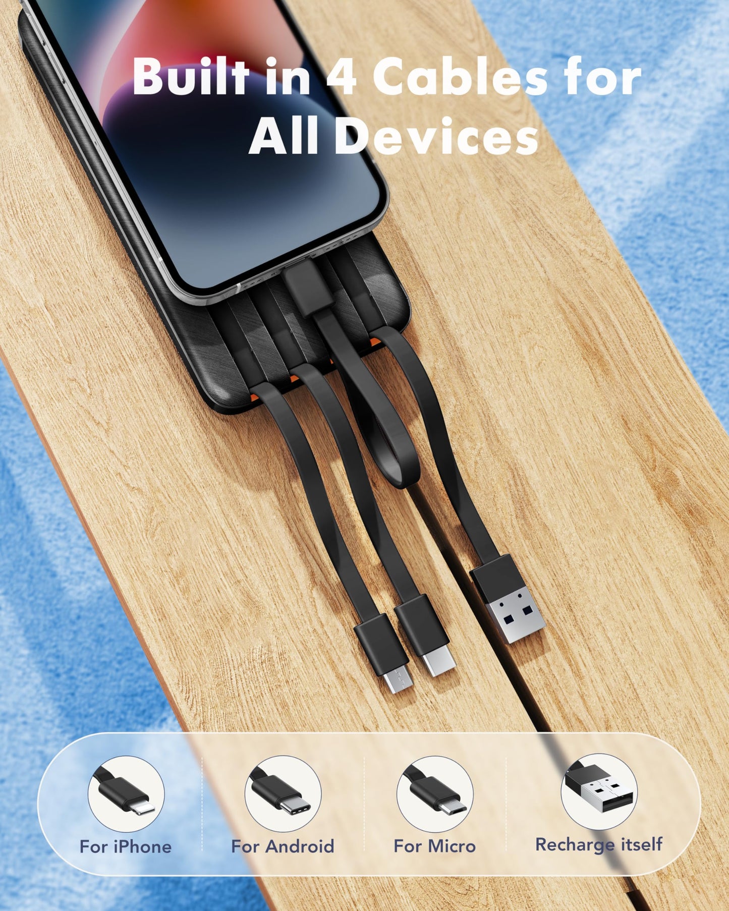 Charmast Power Bank, 20000mAh Built-in 4 Cables Portable Charger, 20W Fast Charging Battery Pack with 4 Ports, USB-C Powerbank for iPhone 16/15/14 Series, iPad, AirPods, Android Phone,and more(Black)