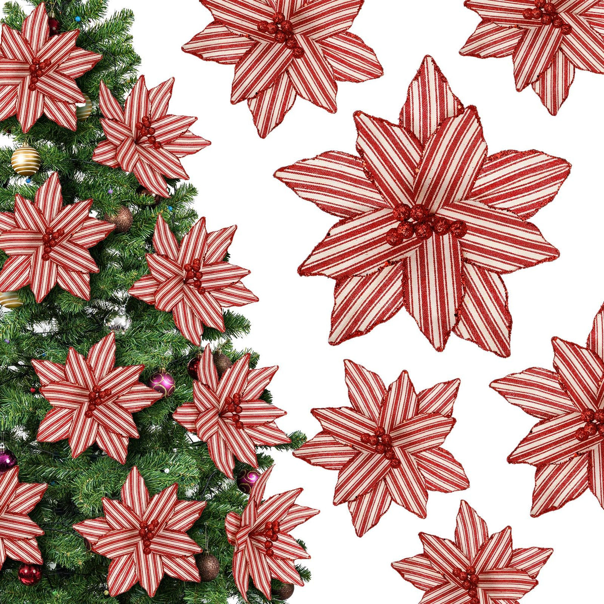Soulchen 12 Pcs 12'' Red and White Christmas Poinsettia Candy Cane Poinsettia Christmas Tree Ornaments Peppermint Flower Tree with Stems Topper for DIY Xmas Wreath Garland Holiday Party Decor