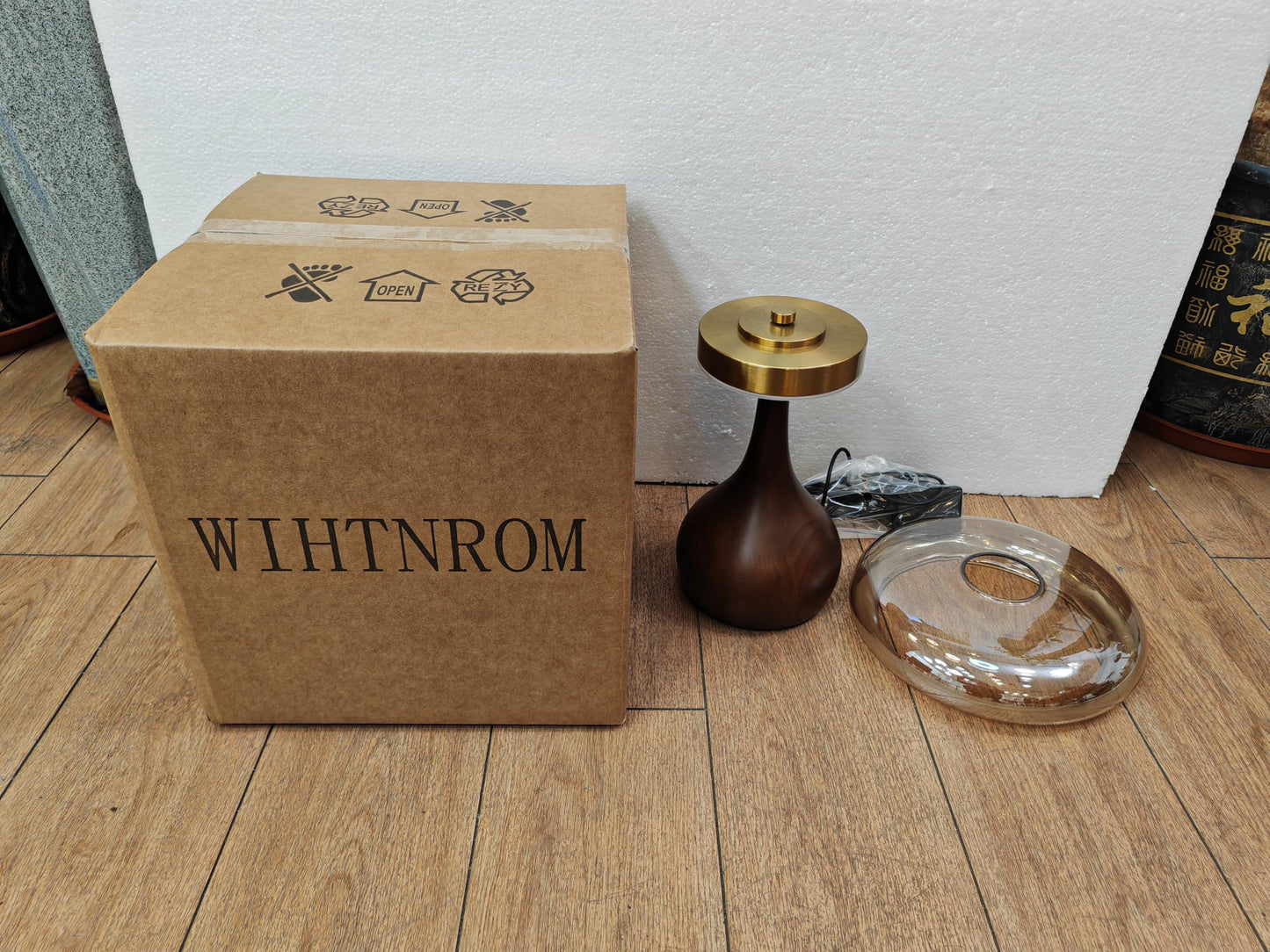 WTHTNROM Small Table Lamp for Bedroom-Wooden Base Teardrop Mushroom Table Lamps,Amber Glass Shade,LED Three Color Temperature Adjustable Brightness Modern LED Side Table and Desk Lighting(H 9.7 in)