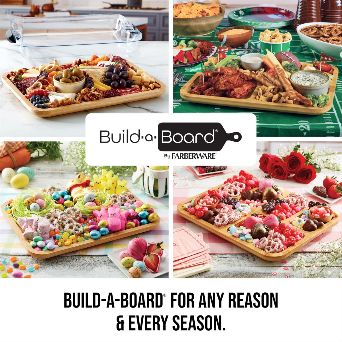 Farberware Build-A-Board Bamboo Cutting Board with Built-In Compartments & Clear Locking Lid, Black Handles – Charcuterie, Snack Tray, Food Prep and Serving Platter