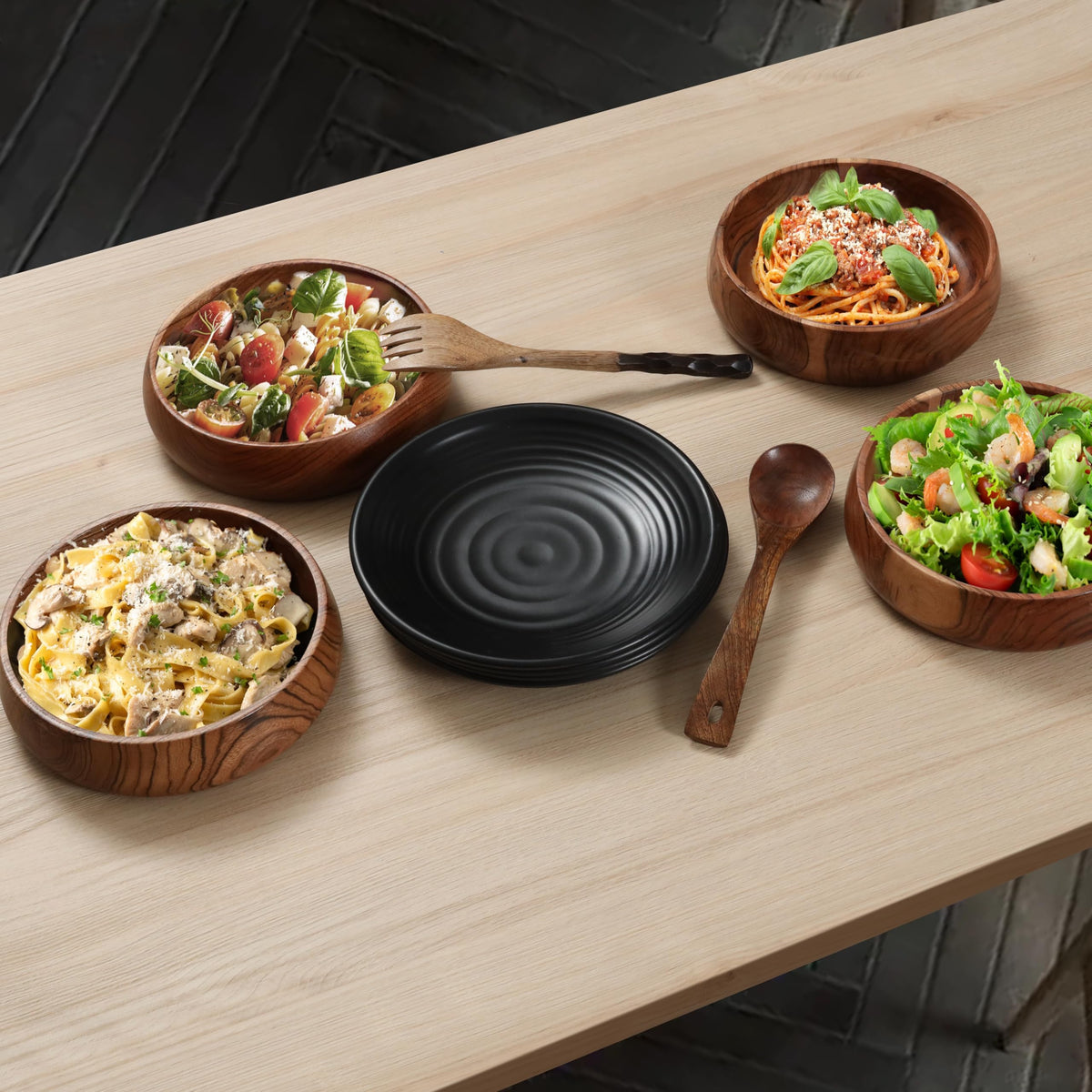 RIANGI Wooden Salad Bowl Set Of 4, Large Acacia Wood Bowls For Food, Decorative Serving Bowls, 8 X 2 Inch For Pasta, Cereal, Fruit, Kitchen Counter - 25 Oz Capacity