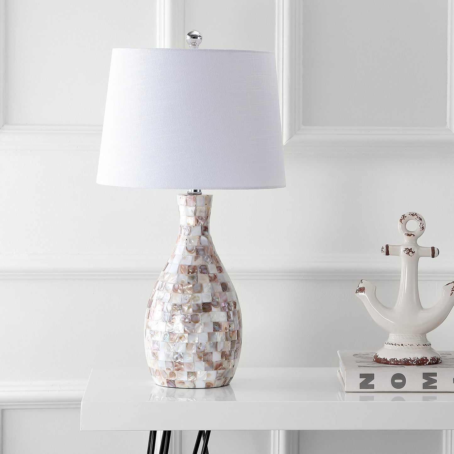 JONATHAN Y 26.5" Ivory Beige Mosaic Seashell LED Table Lamp for Living Room Bedroom Nightstand, Coastal Capiz Shell Base with White Linen Drum Shade, LED Bulb Included JYL1054A