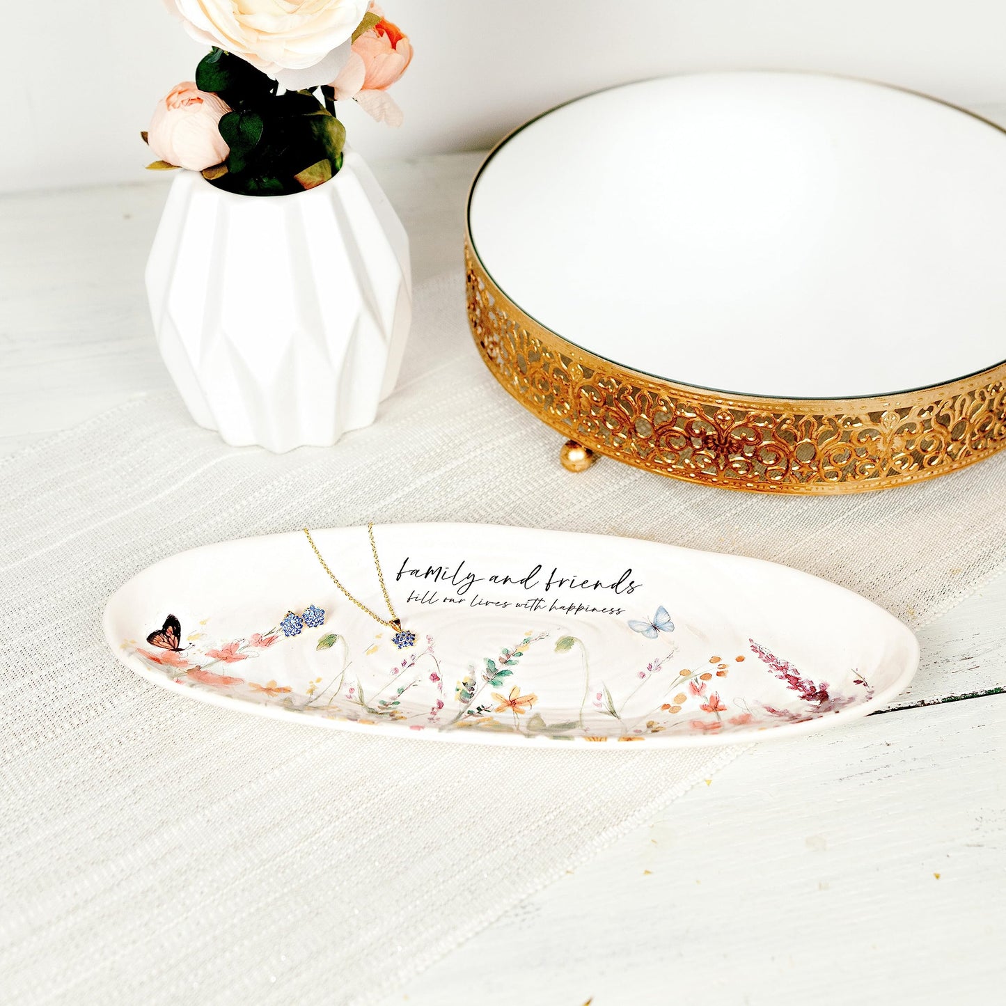 Pavilion Gift Company - Family and Friends Ceramic Tray, Serving Platter, Oval Food Tray, Watercolor Floral/Garden Design, 1 Count, 12 x 4.5 x 1-inch, Multicolor