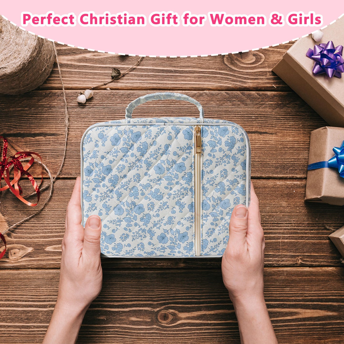 CasaRovela Bible Cover for Women, Large Quilted Case with Handle, Durable Bag and Carrying Case for Girls, Study Supplies Accessories, Christian Gift for Women (Blue Flower, Large)