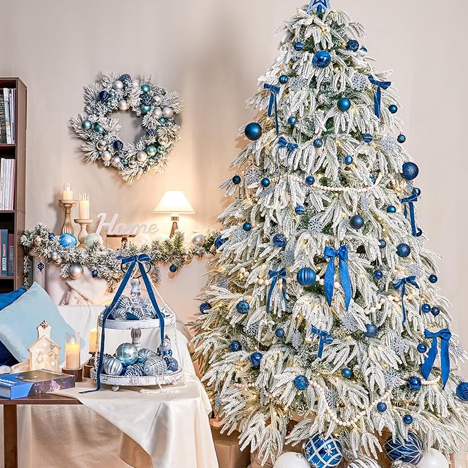 JORNOY Christmas Tree Ornaments Set, 47 Pack Assorted Shatterproof Hanging Balls Decorations, Plastic Bulbs Bulk with Lanyard for Home Holiday Party Decor, 3-Sizes (Navy Blue)