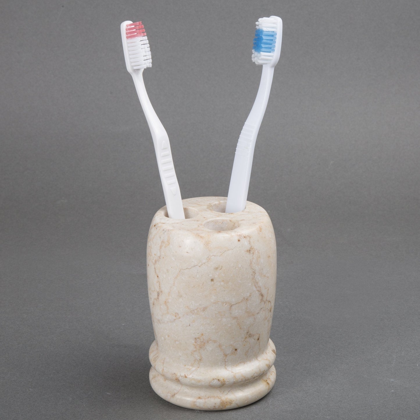 Creative Home Marble Toothbrush Holder, Natural Champagne Beige Double Ring Design, Hand Polished Finish, Weighted Stone & Water Resistant, 3-Slot Bathroom Countertop Organizer for Makeup Brushes
