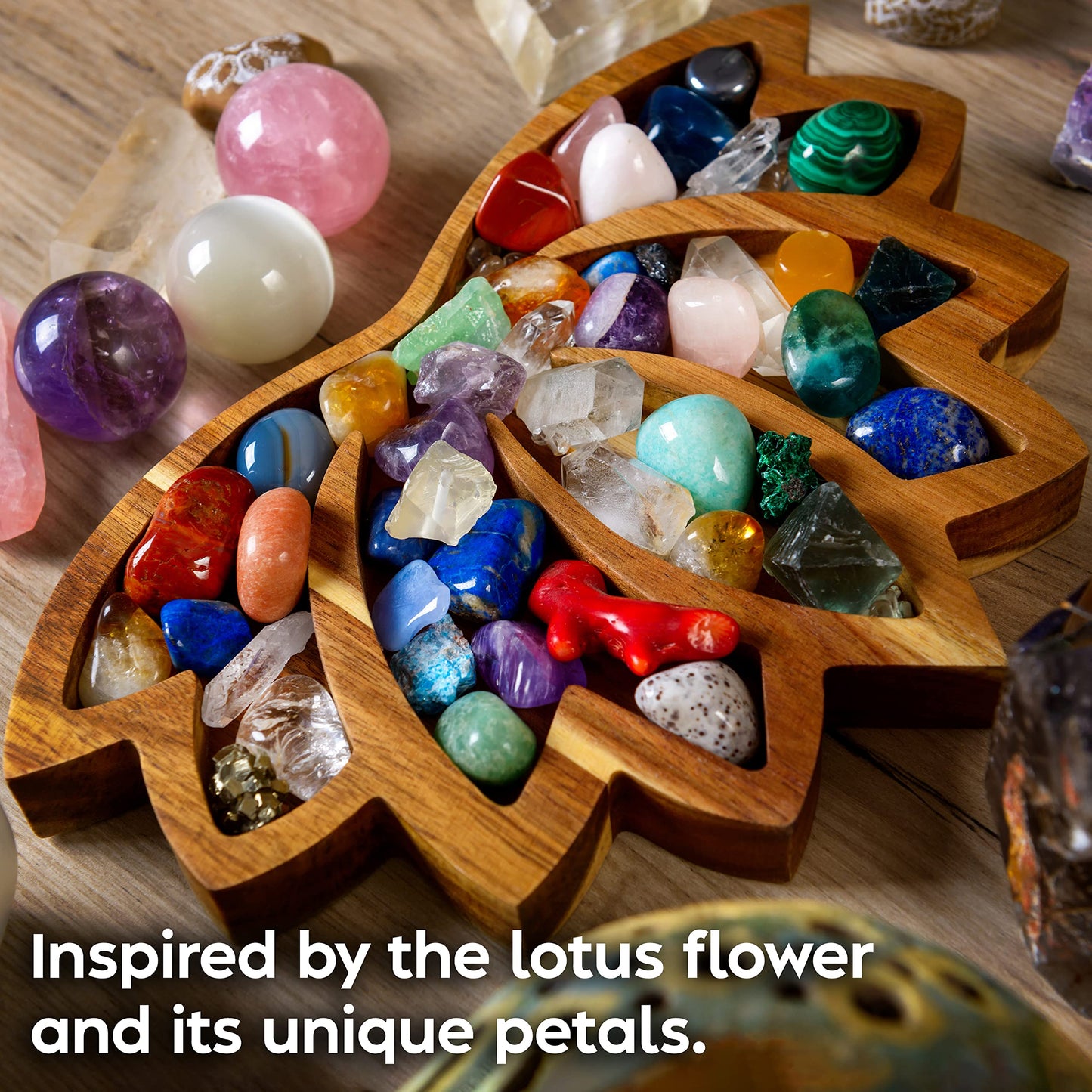 Curawood Lotus Crystal Display Tray - Showcase Your Gems, Healing Stones & Treasures - 11"x7" Wooden Rock Bowl, Crystal Holder for Stones Display Shelf, Gemstone Rock Holder Charging Bowl (Horizon)