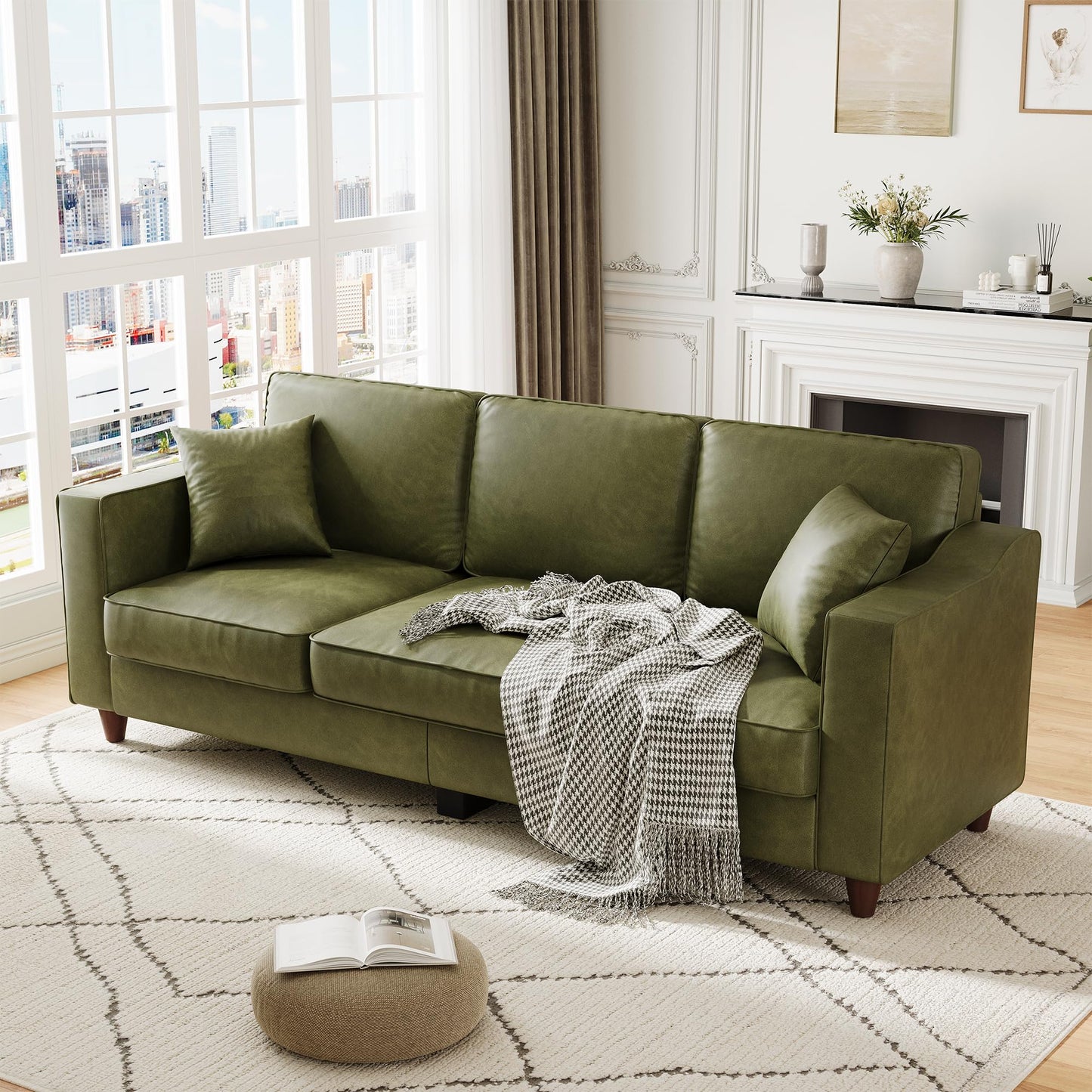 Faux Leather Couch with 2 Throw Pillows, Sofa Couches for Living Room, 3 Seater Sofa with Wide Armrests, Wood Legs, Deep Seats, Back Cushion, Sturdy Support Feet, for Office, Living Room, Olive Green