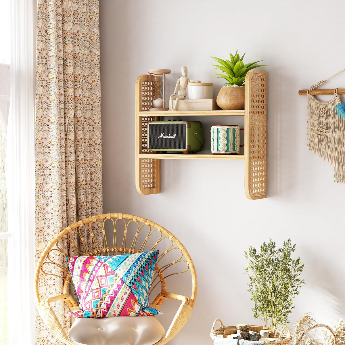 LUPWNEKA Natural 2-Tier Rattan Shelf - Wall Mounted Woven Boho Shelves, Handmade Rattan Display Shelf for Entryway, Nursery, Kitchen, Bathroom & Living Room