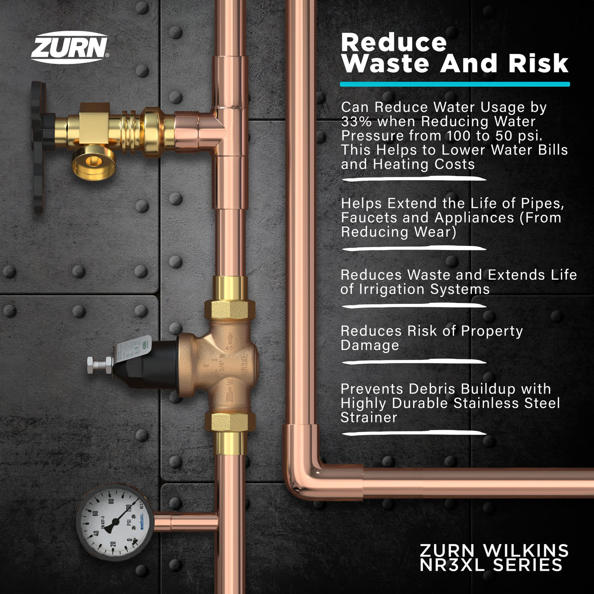 Zurn Wilkins 3/4" NR3XL Water Pressure Reducing Valve Integral By-pass Check Vlv & Strainer High Range, Sealed Cage, Double Union
