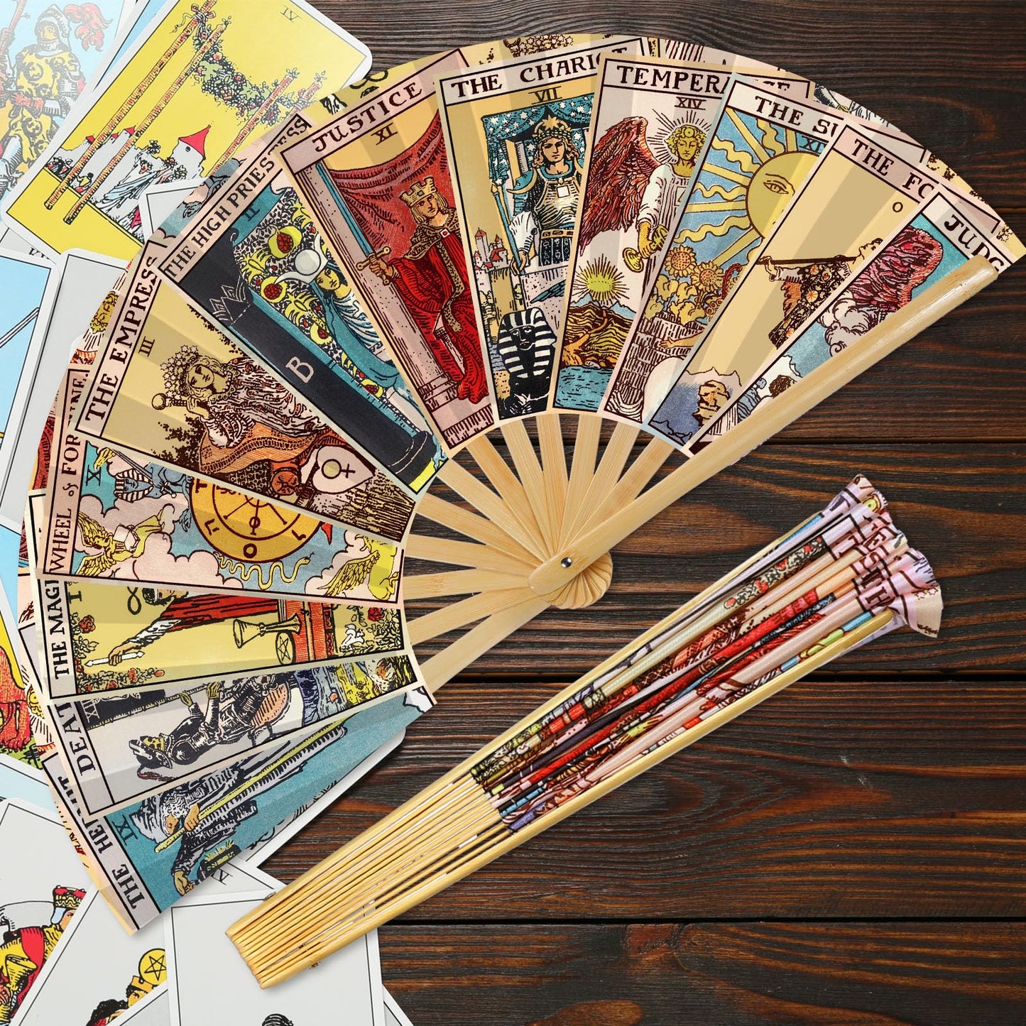 Weysat Tarot Card Hand Fan Rave Fan Fortune Teller Decor Oversized Folding Bamboo Witchy Gifts for Women Gypsy Cosplay EDM Music Gala Festival Mystic Accessories(Classic)