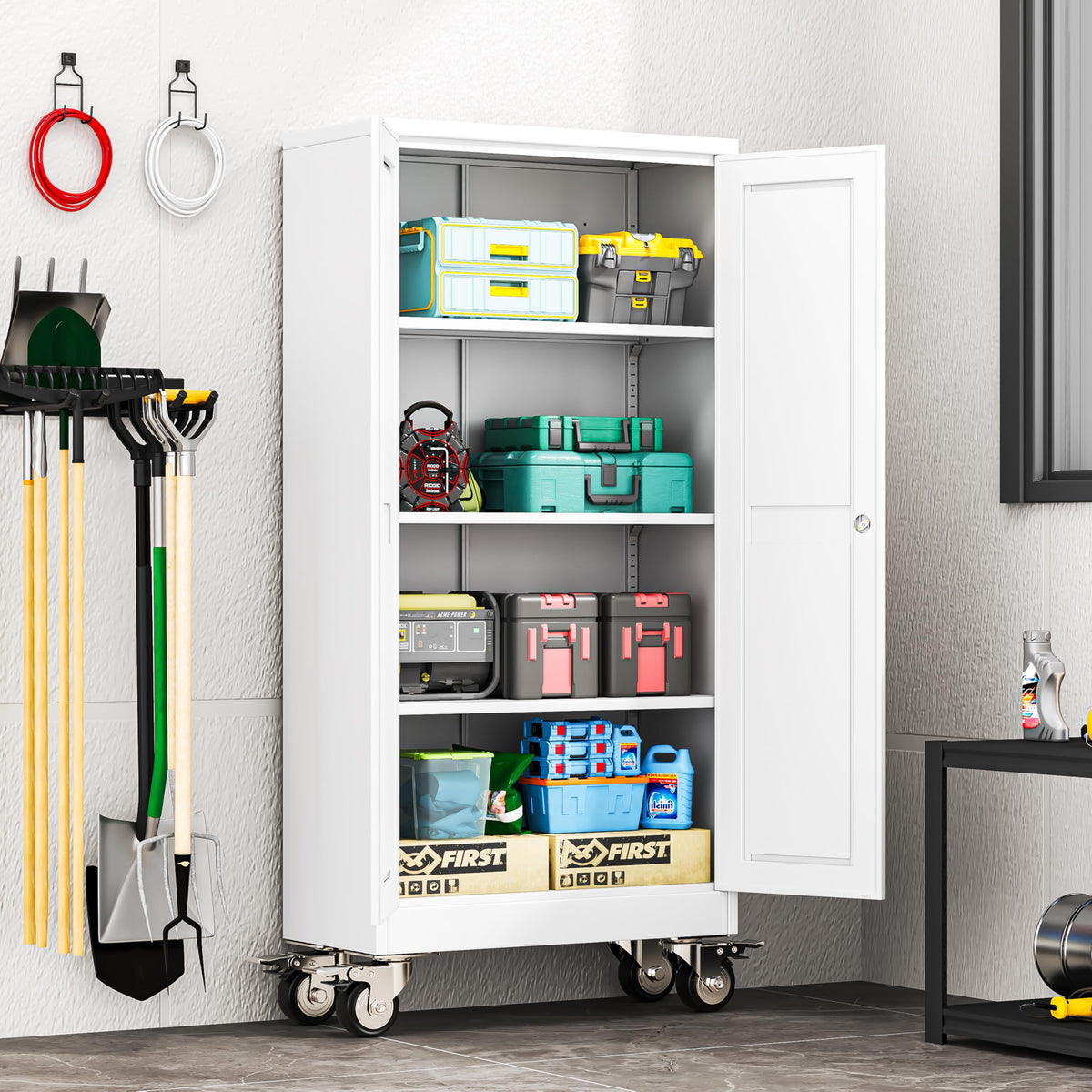 erosoei 61" H Metal Garage Storage Cabinet, Rolling Tool Cabinet with 2 Doors and Wheels, Locker Steel Cabinet with 3 Adjustable Shelves, Organization Cabinet for Garage,Office,Home,Gym,School(White)
