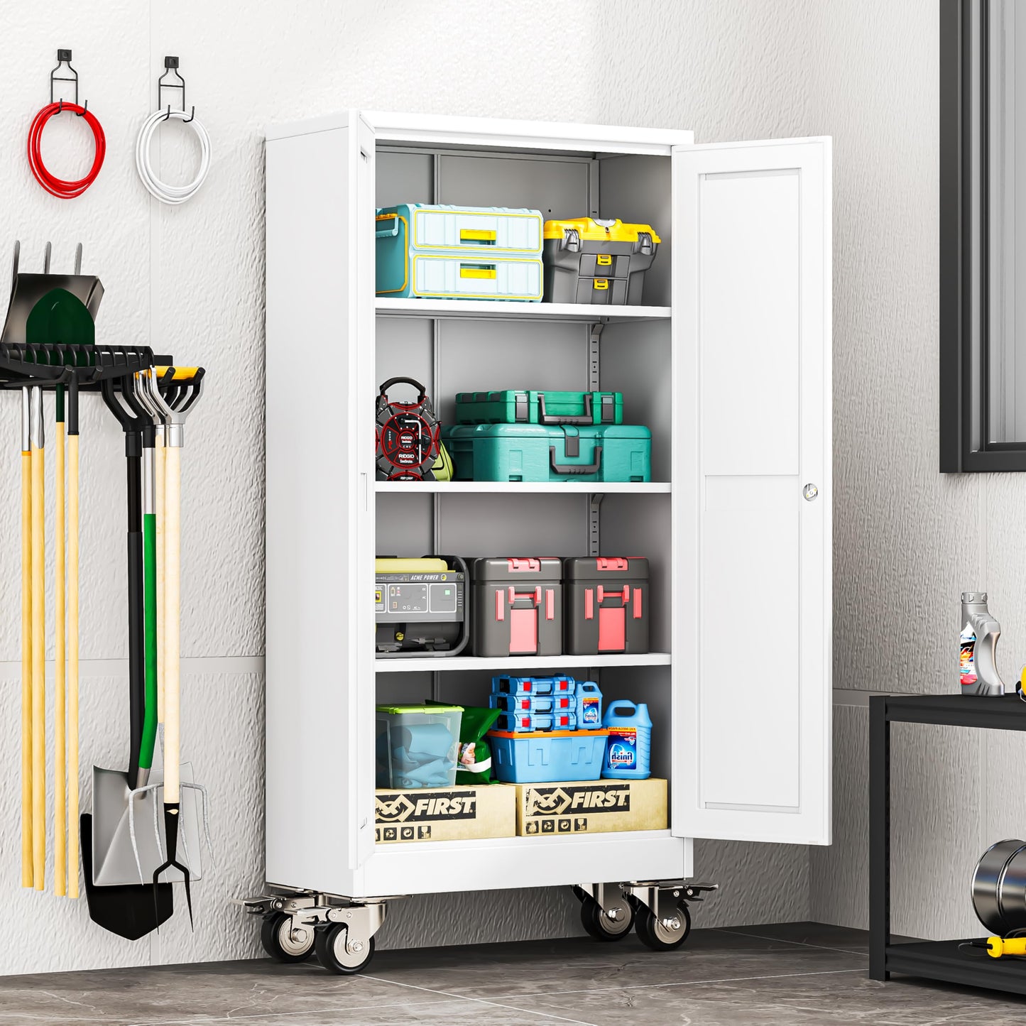 erosoei 61" H Metal Garage Storage Cabinet, Rolling Tool Cabinet with 2 Doors and Wheels, Locker Steel Cabinet with 3 Adjustable Shelves, Organization Cabinet for Garage,Office,Home,Gym,School(White)