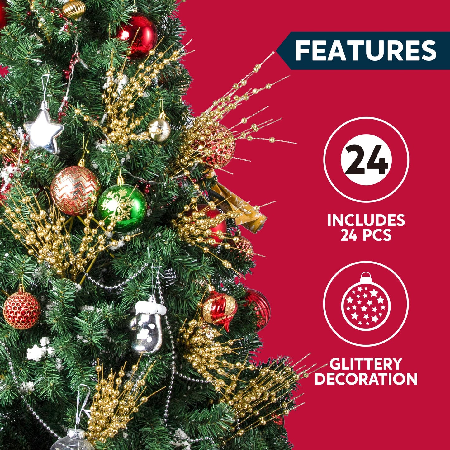 Joiedomi 24 Pcs Christmas Tree Berry Stem (Gold), Decorative Bead Sticks, Glittery Twigs, Picks, Branches for Christmas Tree, Small Vase, Holiday, Wedding, Party (17 Inches, Gold)