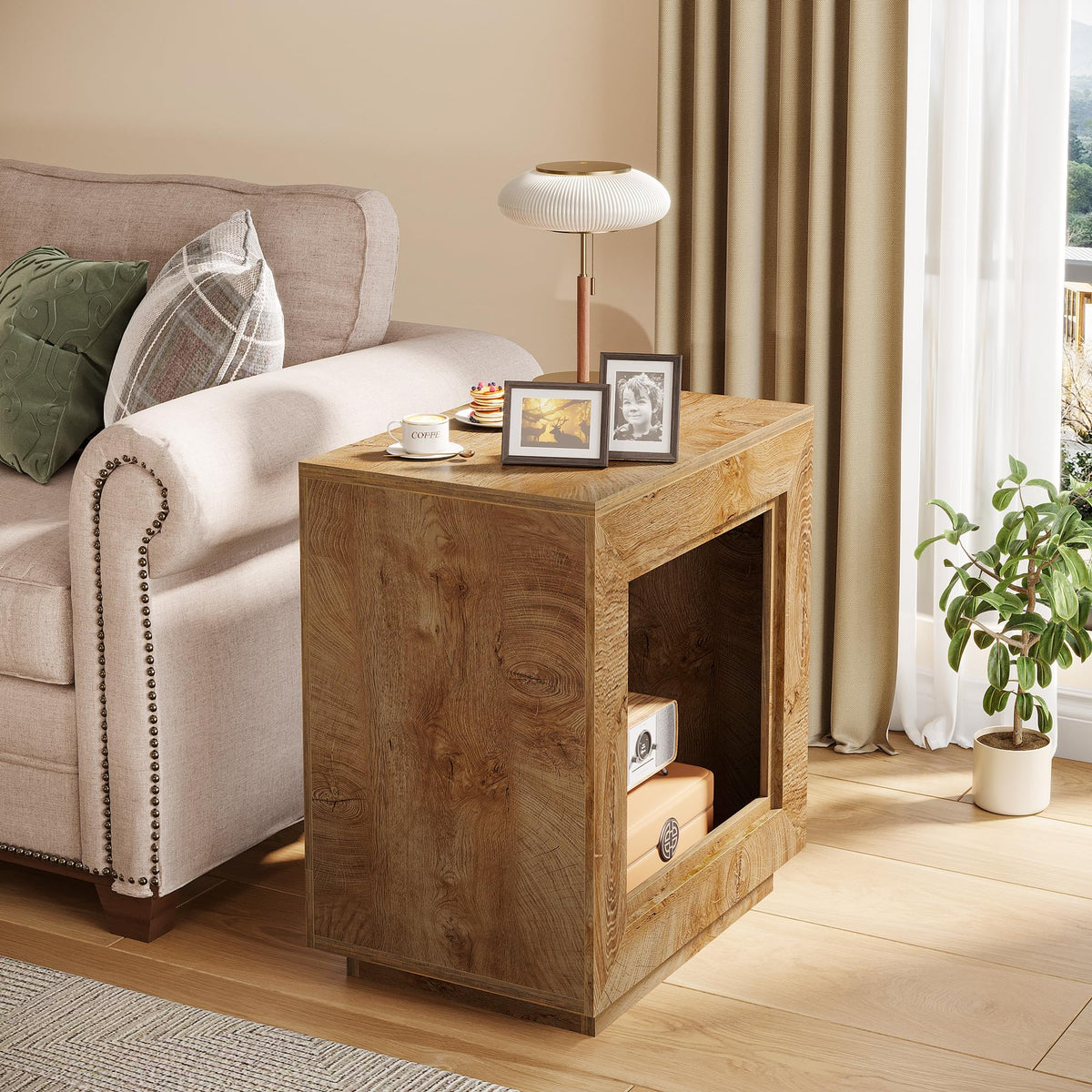 Tribesigns Rustic Wood End Table, 2 Tiered Square Side Table with Storage Shelf, Industrial Sofa Side Table for Living Room, Entrance (1, Wood)