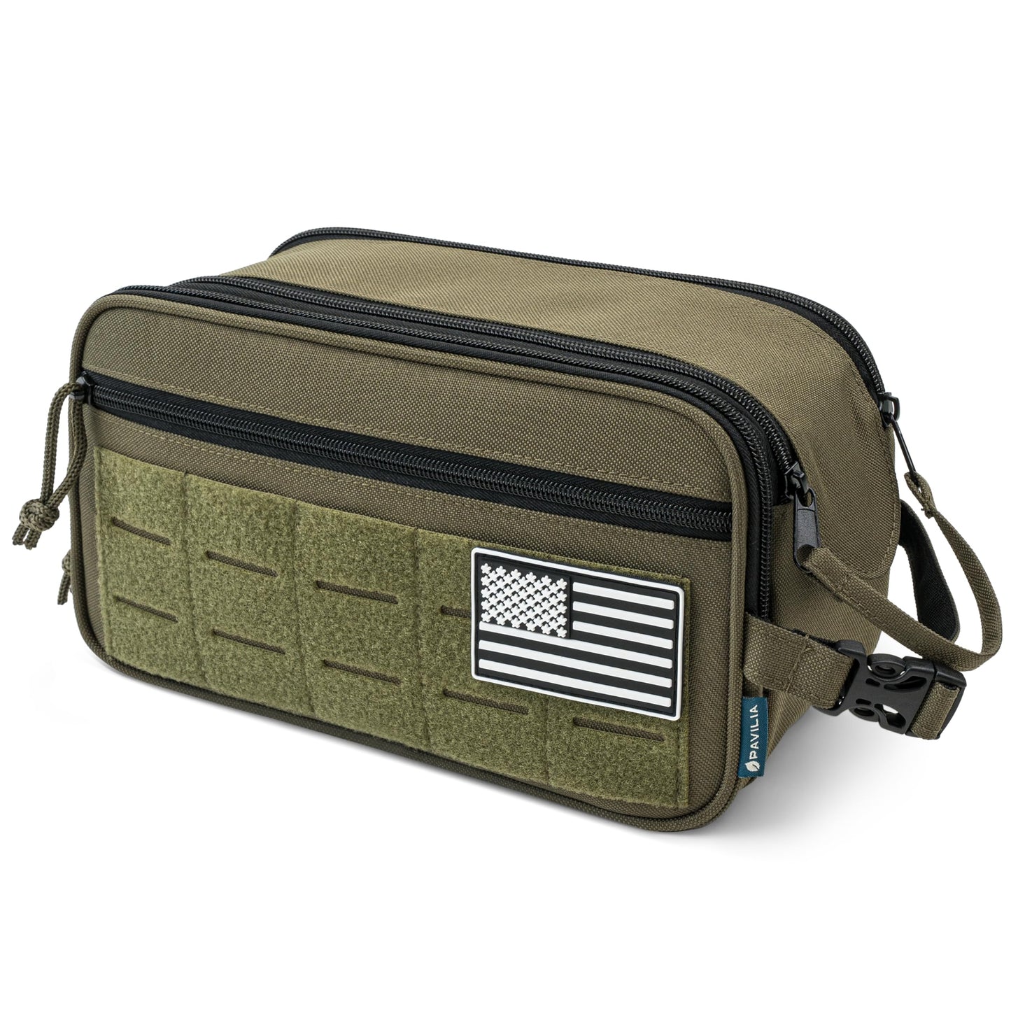PAVILIA Tactical Toiletry Bag for Men, Travel Hygiene Bag, Military Gear Dopp Kit, Water Resist Molle Accessories Pouch, Mens Shaving Essentials, Gym Bathroom Shower Small Toiletries Tool EDC, Olive