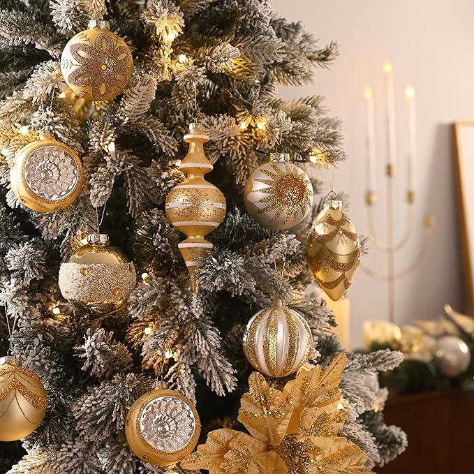 Valery Madelyn Glass Christmas Ornaments Set, 10ct White Gold Mercury Blown Glass Christmas Tree Ball Decorations, Luxury Xmas Hanging Teardrop Finial Faceted Reflector for Holiday Decor