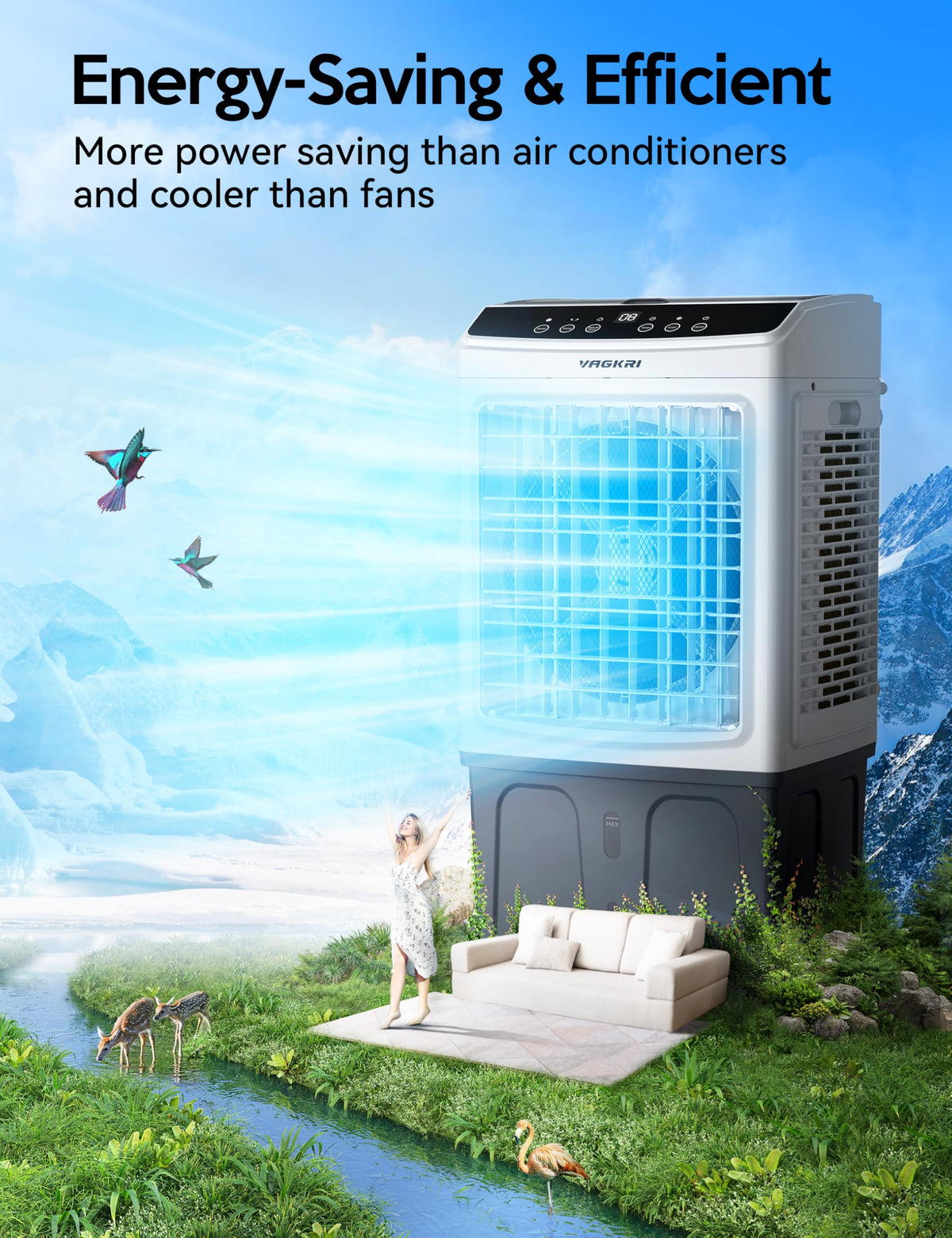 VAGKRI 35" Evaporative Air Cooler, 2800CFM Swamp Cooler, 120°Oscillation Air Cooler with Remote Control, 24H Timer, 3 Modes & Wind Speeds for Outdoor Indoor Use, 9.2Gallon