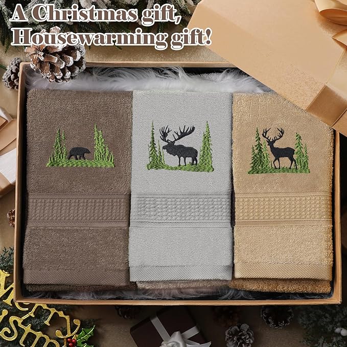3 Pcs Farmhouse Cabin Bear Hand Towels Forest Moose Deer Embroidered Rustic