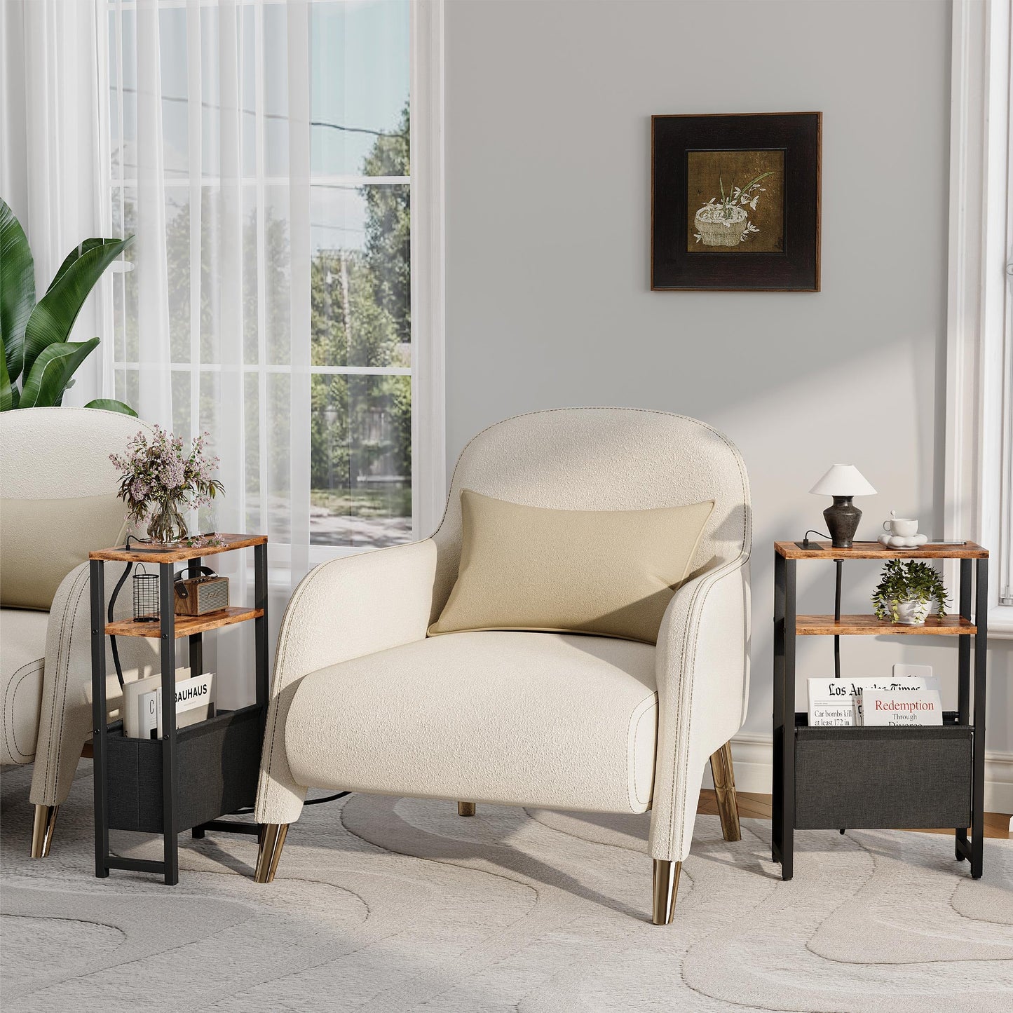 IRCPEN Narrow Side Table with Charging Station Slim End Table Sofa with Magazine Rack, Bedside Table for Small Spaces, 3 Tier Nightstand for Living Room Couch, Bedroom Rustic Brown LET503RE