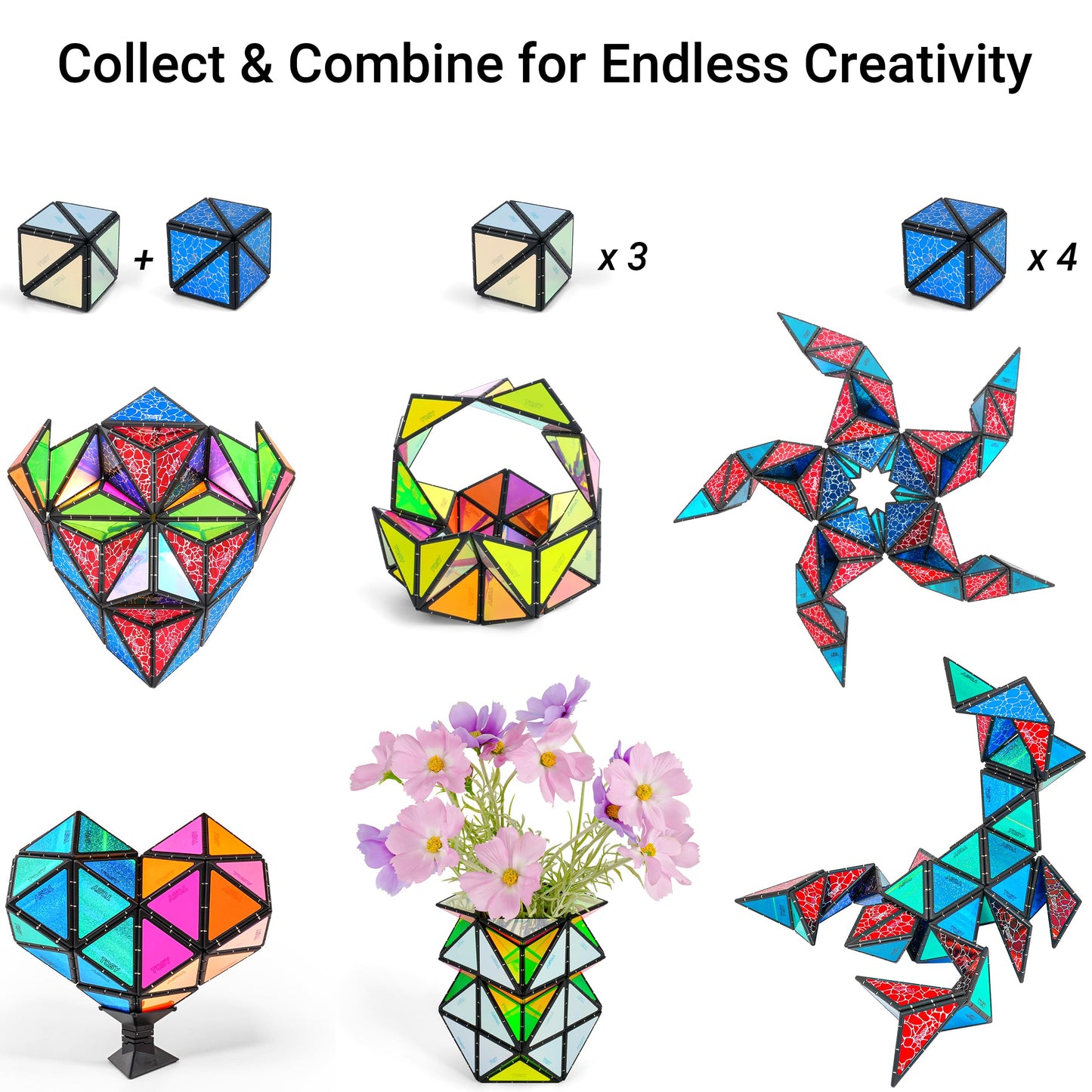 TOSY Magnet Pyramid Stone - 1 Cube Transforms into 1 Billion Shapes (Bunny, Egg Basket, Flowers, Heart), Easter Birthday Gift, 12 pcs, 243 Magnets, Holographic Design, Puzzle/STEM Toy