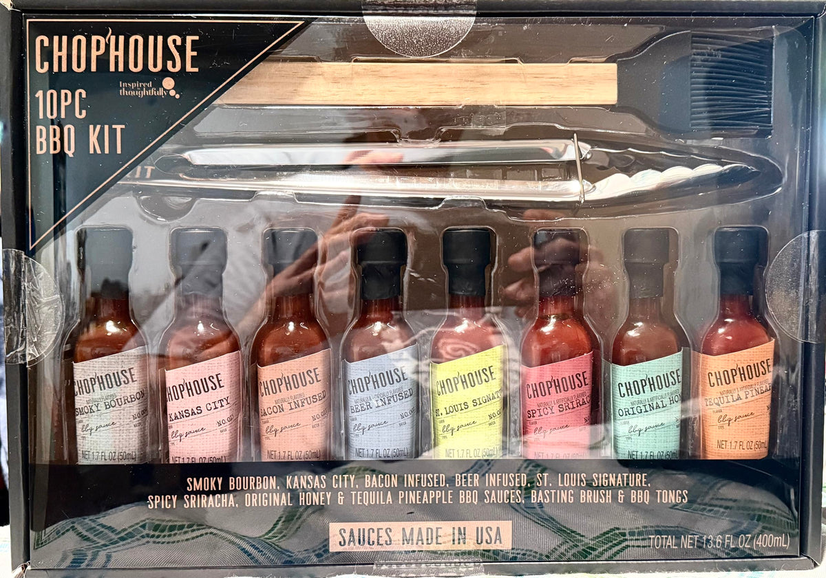 Chophouse BBQ Sauce Gift Set by Thoughtfully β 8 Gourmet BBQ Sauces + Stainless Steel Tongs & Basting Brush β Sweet, Spicy & Smoky Flavors for Grilling