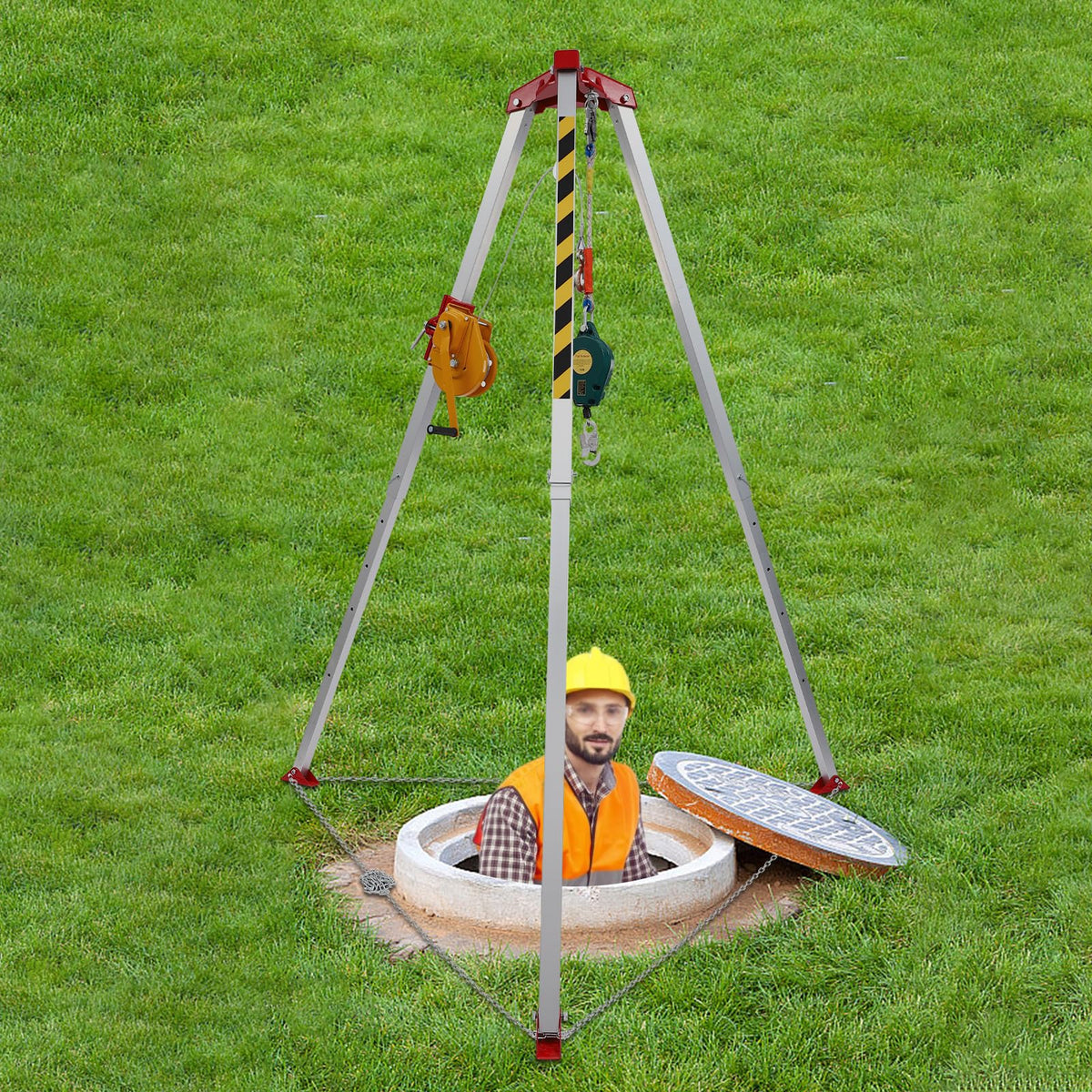 CRYBY Confined Space Tripod Kit, 1800lbs Load Confined Space Rescue Tripod with Fall Arrester & 2 Storage Bags, Manual Sewer Rescue Tripod for Traditional Confined Spaces, 5.2-8ft Working Height