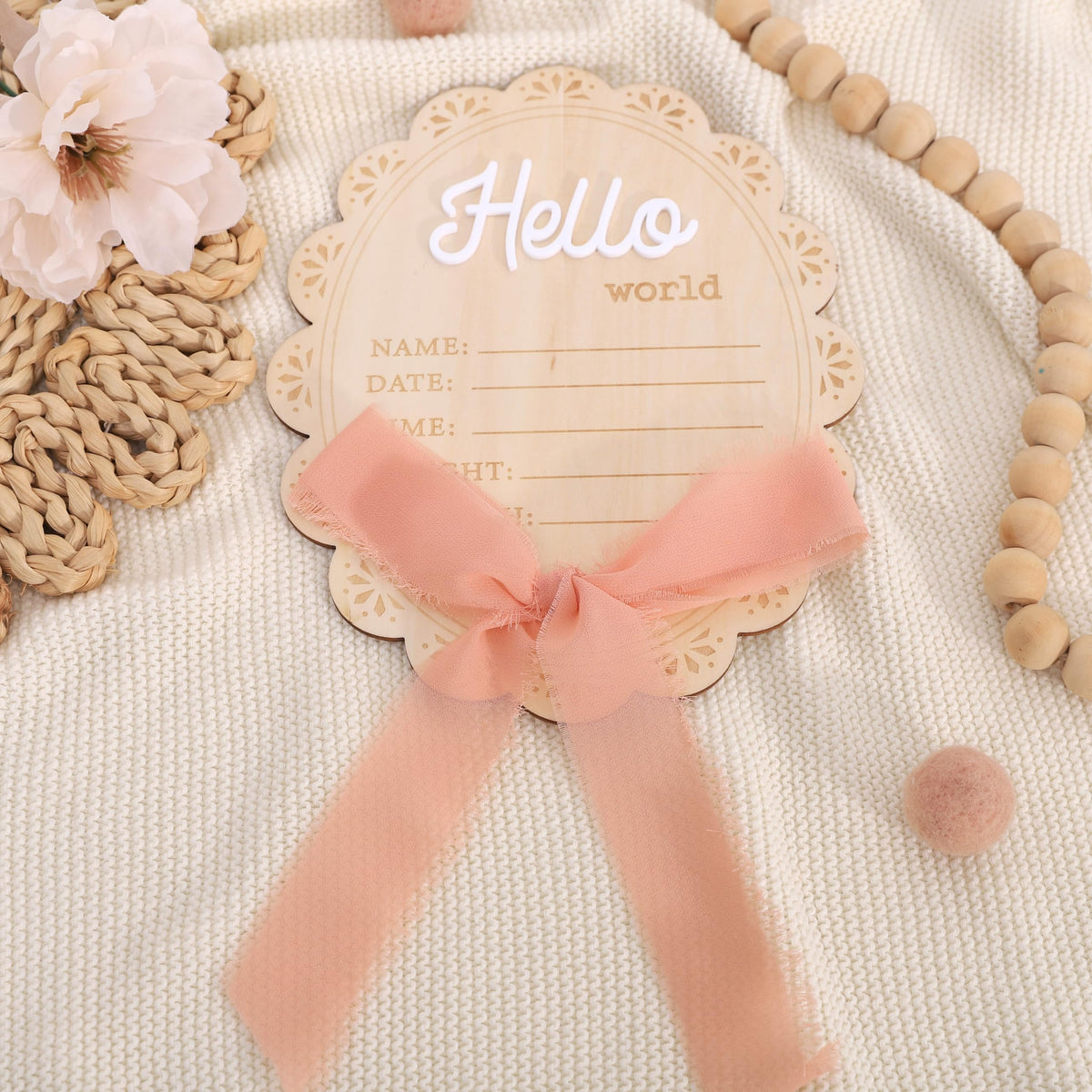 Girls Hello World Wood Sign - Newborn Birth Announcement Plaque, Scallop Edge Wooden Sign Disc, Hospital Name Welcome Baby Photo Props, Baby Shower Keepsake Gifts