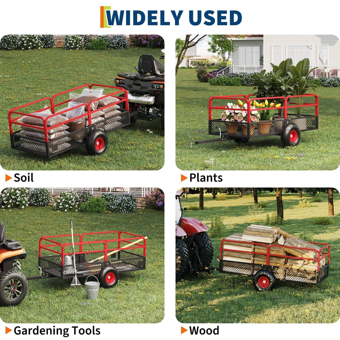 ATV UTV Trailer Tow Behind Dump Cart, 1600 lbs 22 Cubic Feet Heavy Duty Steel Dump Cart, Yard Garden Trailer Pull Behind with Removable Sides & All Terrain Tires, Fits Lawn Mower, Tractor, Garden