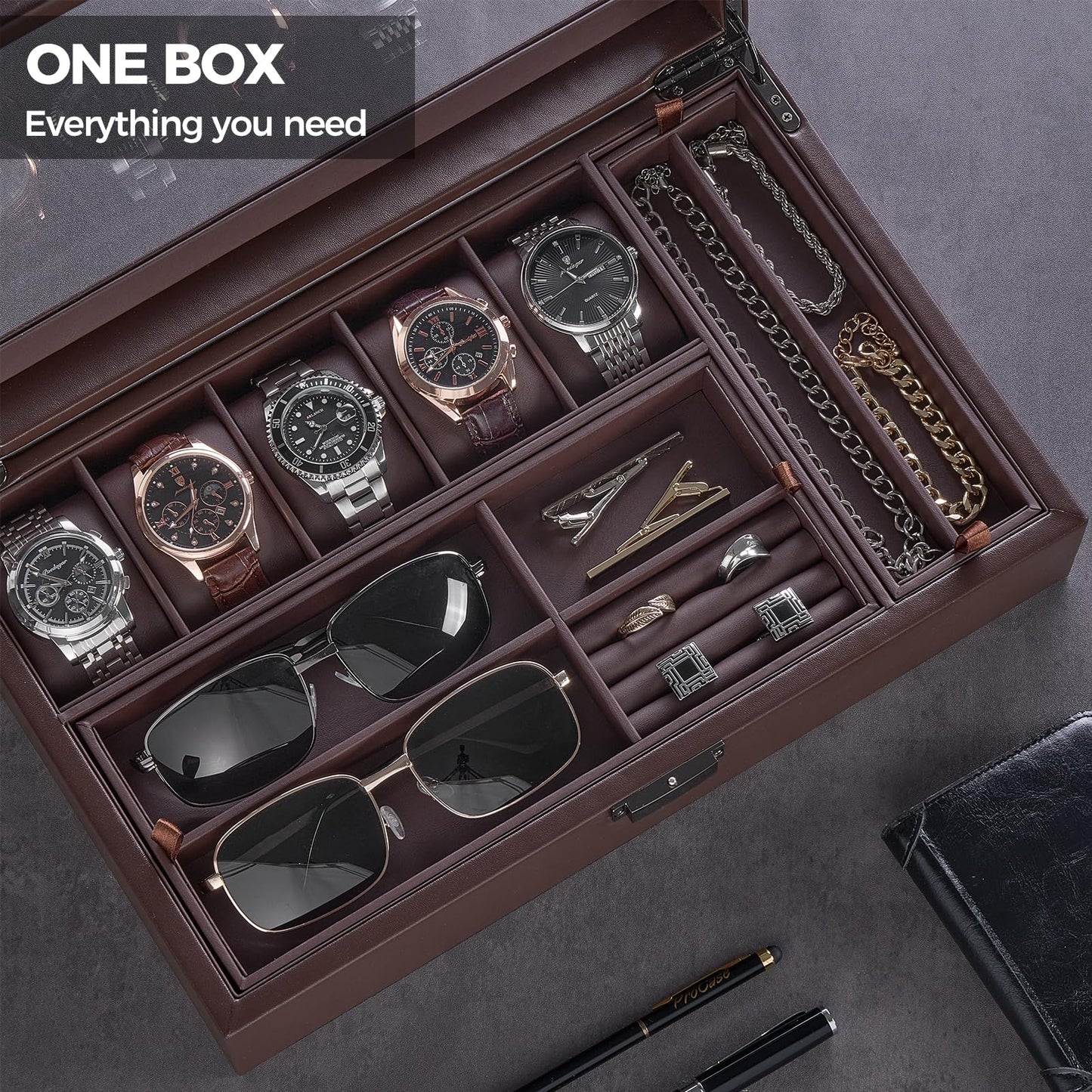 ProCase Men's Jewelry Box, 5-Slot Wood Watch Display Case Jewellry Storage Organizer for Sunglasses Rings Accessories with Hidden Compartment, Watch Holder with Glass Lid, Gift for Men -Espresso