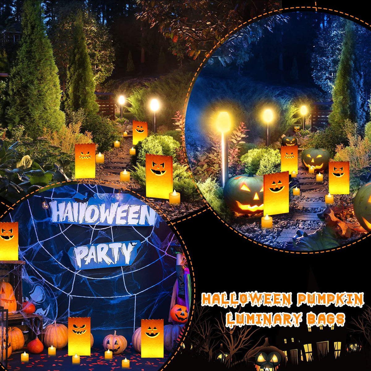 Meanplan 48 Pcs Halloween Luminary Bags with LED Light Candles Set 24 Pcs Luminary Candle Bags 24 Pcs LED Tealight Candles Ghost Lantern Bags for Halloween Outdoor Indoor Patio Decorations (Classic)