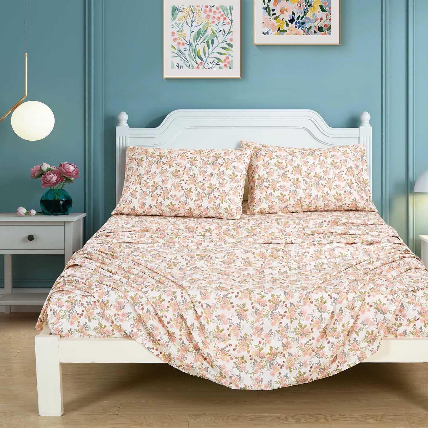 Chezmoi Collection Winika 4-Piece Floral Bed Sheet Set - Multicolor Pink Red Green Gray Floral Flowers Printed Microfiber 14-Inches Deep Pocket Sheets & Pillowcases Set, California King