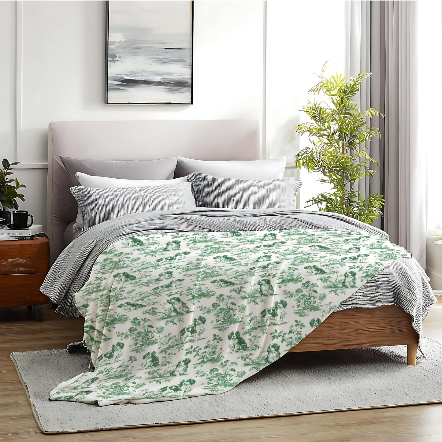 BUJSP Sage Green Chinoiserie Cavalier King Charles Spaniel Blanket, Springer Spaniel GOG Gifts,Green and White French Country Toile Dog Throw Blanket for Home Bedroom Couch Bed Decor, 50x60 Inches