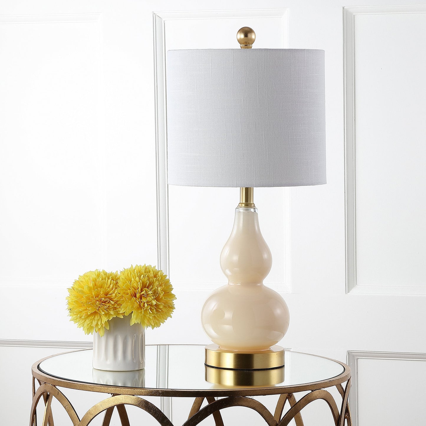 JONATHAN Y 20.5" Ivory Glass Table Lamp, Modern Gourd Bedside Nightstand Lamp for Bedroom, Living Room, White Linen Shade, LED Bulb Included (JYL1028B)