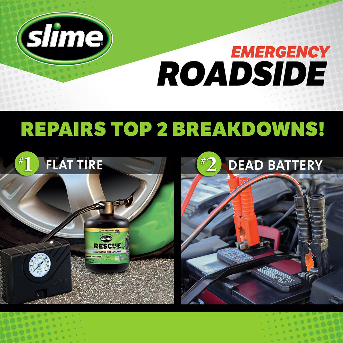Slime 50154 Emergency Roadside Kit with Flat tire Repair and Booster Cables for Compact Cars, Standard Cars and Crossovers