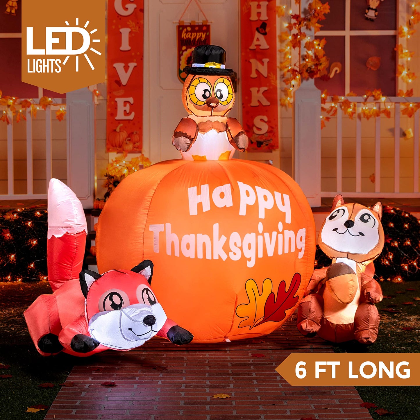 Joiedomi 6 FT Tall Thanksgiving Inflatable Turkey on Pumpkin, Inflatable Racoon and Squirrel with Build-in LEDs Blow Up Inflatables for Thanksgiving Party Outdoor, Yard, Garden, Lawn Fall Decorations