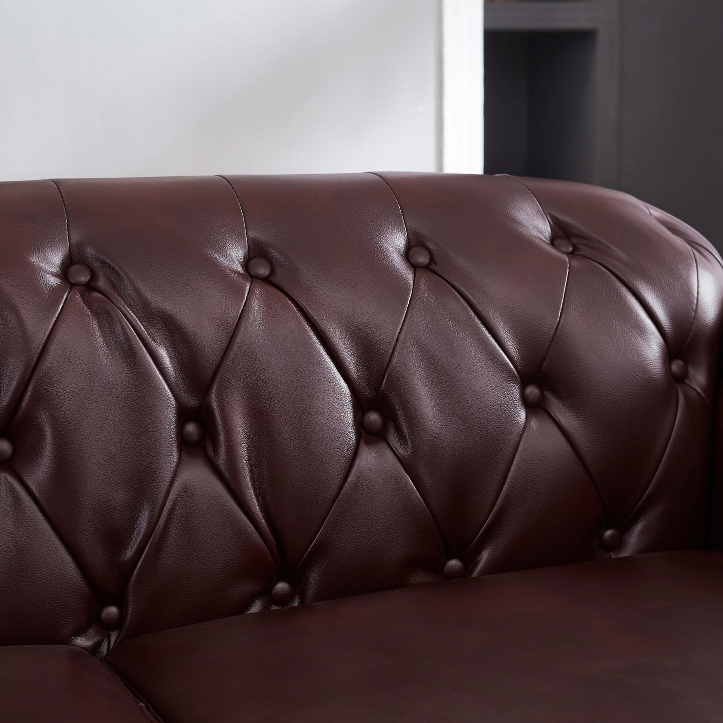 KEIKI 85.8" Chesterfield Sofa, Retro Style Upholstered with Storage Faux Leather PU Couch with Rolled Arm, Nailhead for Living Room Bedroom Office Apartment, Burgundy