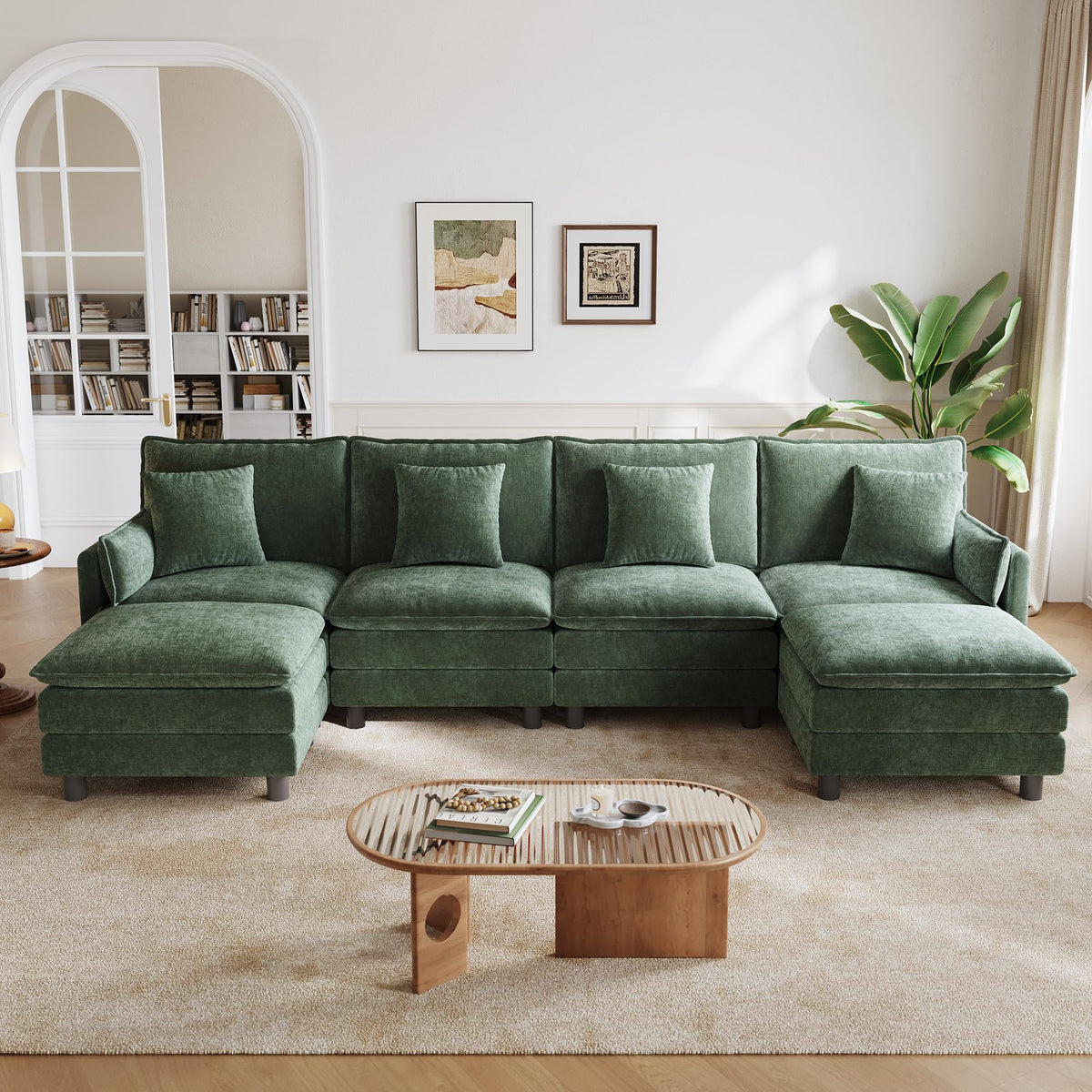 LINSY HOME 129'' Modular Sectional Sofa 4 Seat Couch Chenille Cloud Couch with Deep Seat, U Shaped Couch with 2 Movable Ottoman for Living Room, Office, Bedroom, Green(Pillows Included)