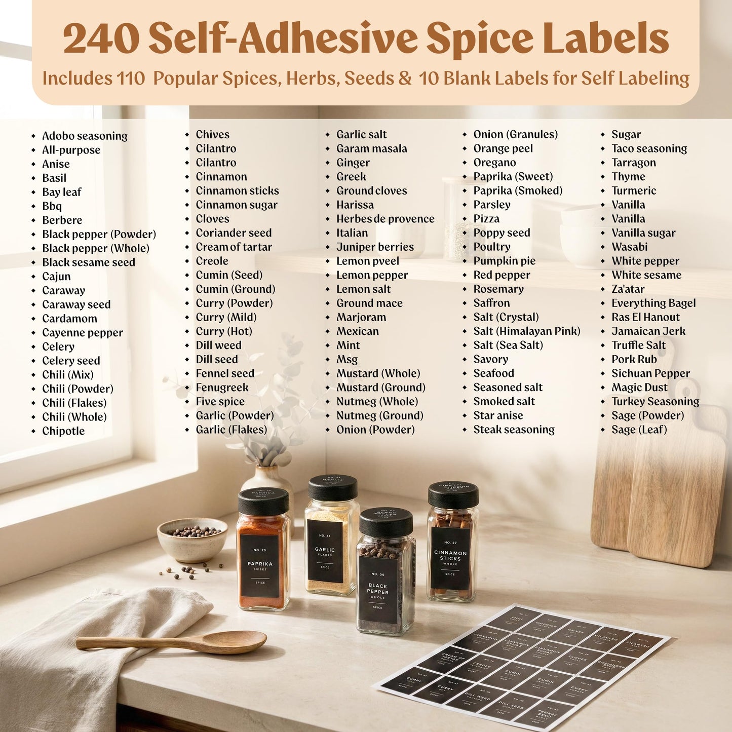 EDELHAUS Square Glass Spice Jars (24 x 4oz) with Black Lids + Magnetic Spice Rack for Refrigerator (Fits 12 Jars) + Bonus Slim Auxiliary Rack, 240 Labels, Shaker Inserts, Funnel