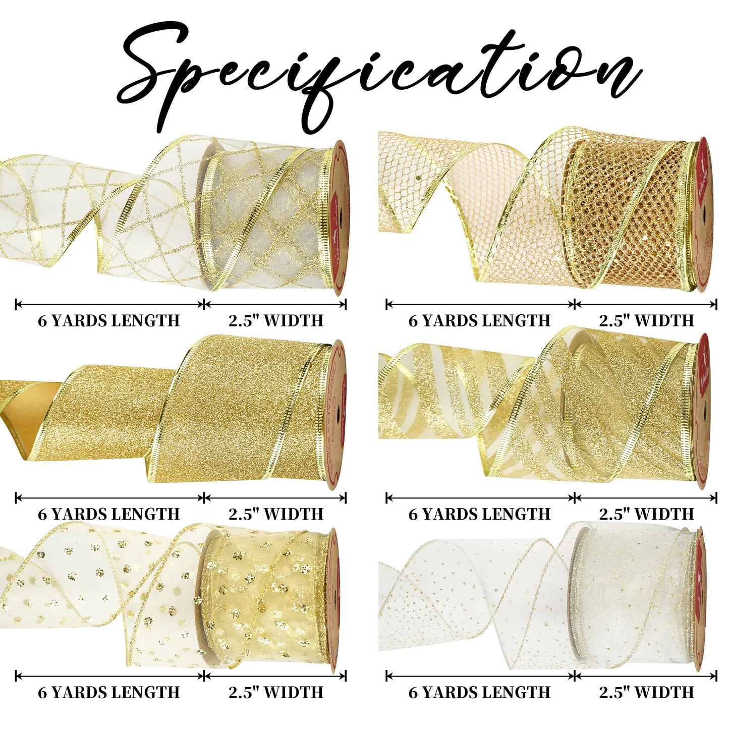 MEEDEE Gold and White Ribbon for Christmas Trees - 2.5 Inch, 6 Rolls, 36 Yards - Gold Wire Mesh Ribbon for Wreaths and Tree Decoration