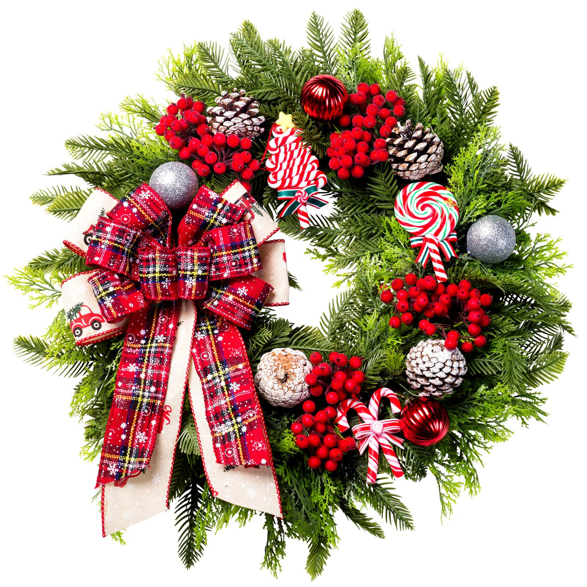 Christmas Wreaths for Front Door, 20 Inch Lighted Artificial Christmas Door Wreath with Candy Lollipops Ball Bow, Holiday Decorations for Home Decor