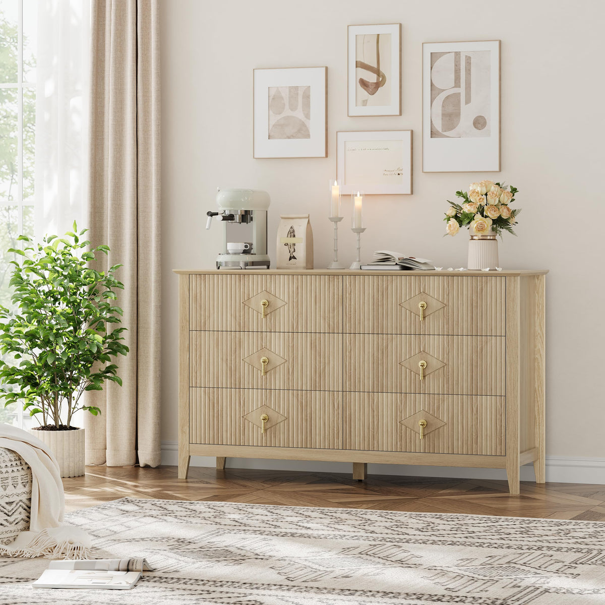 GarveeHome Fluted Dresser for Bedroom, 54 Inch Wide 6-Drawer Wood Dresser, Modern Chest of Drawers, Storage Organizer Cabinet for Living Room, Hallway, Entryway, Natural Oak