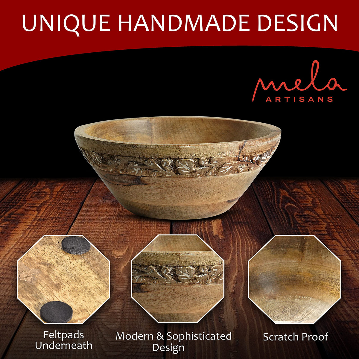Mela Artisans 9 in Wide x 4 in Tall Jasmine Mango Wood Bowl – Hand-Carved Decorative Serving and Fruit Bowl with Whitewash Finish for Kitchen Counter, Salad, Bread and Home Decor